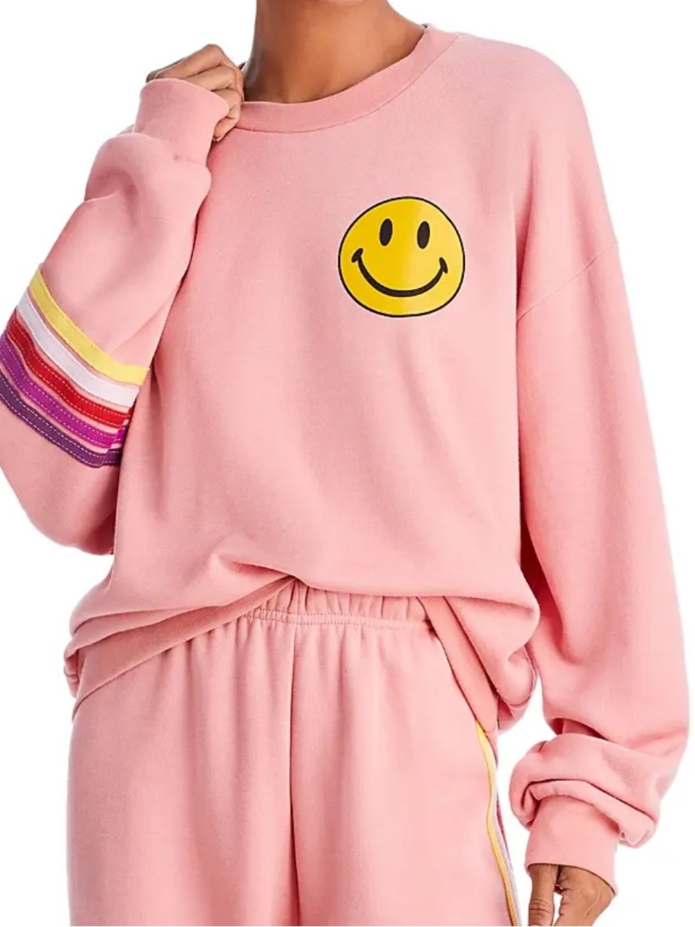 Aviator Nation Pink Smiley Crewneck with Rainbow Stripe Sleeve Exclusive